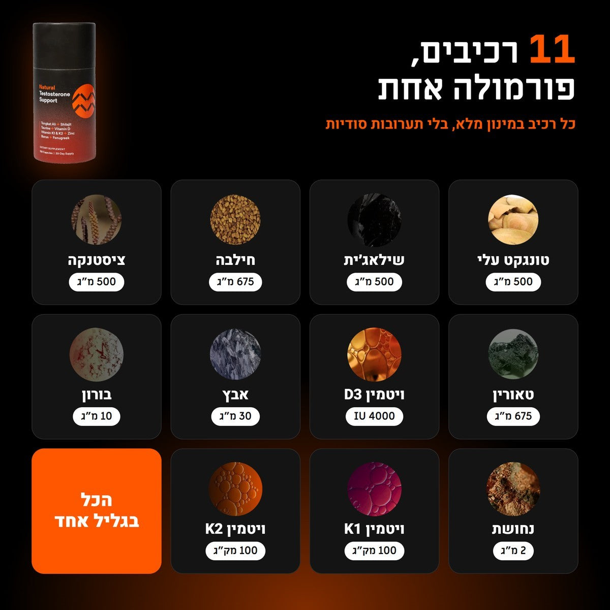 אחד עשר הרכיבים והמינון של כל אחד מהם